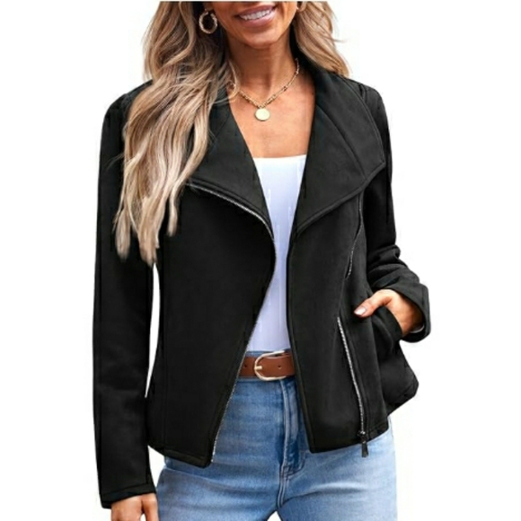 Women Faux Leather Cropped Open Front Coat Cardigan Style Jacket Black - Picture 6 of 6